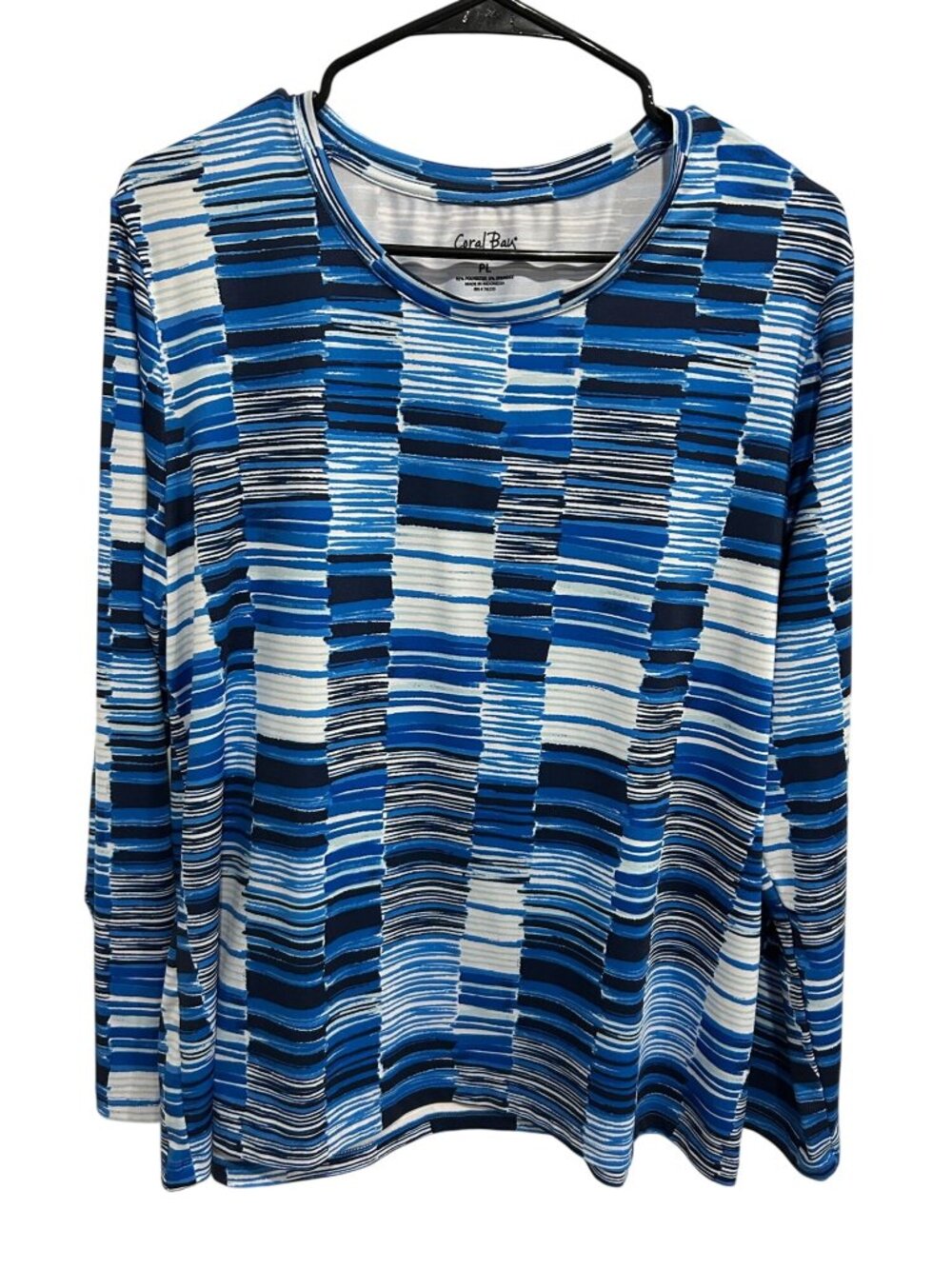 Coral Bay Petite Large Blue White Abstract Long Sleeve Top Minimalist Retro